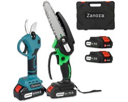 Zanora® Garden ZG1 + ZG2 - Snoeiset - Mini Kettingzaag en Snoeischaar - 4 Accu’s