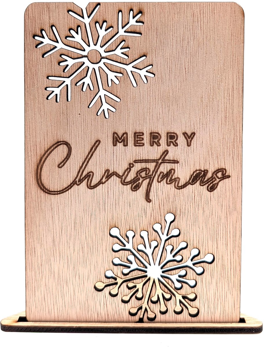 Houten kerstkaart – Merry Christmas sneeuwvlokken – sneeuwvlok uitsnede – kerstkaart met envelop – luxe kerstkaarten