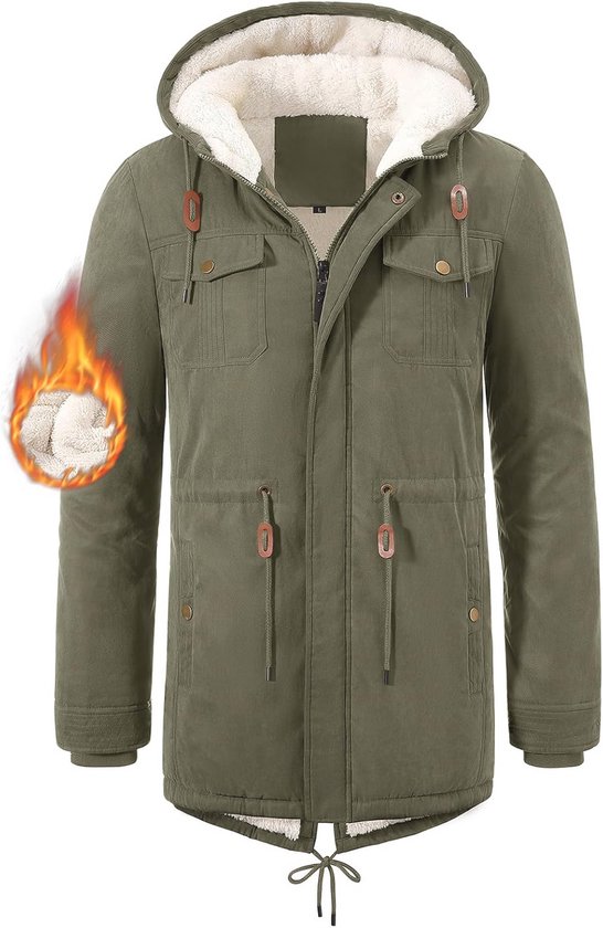 Olijfgroene, winterse herenparka met capuchon en warme fleece voering.