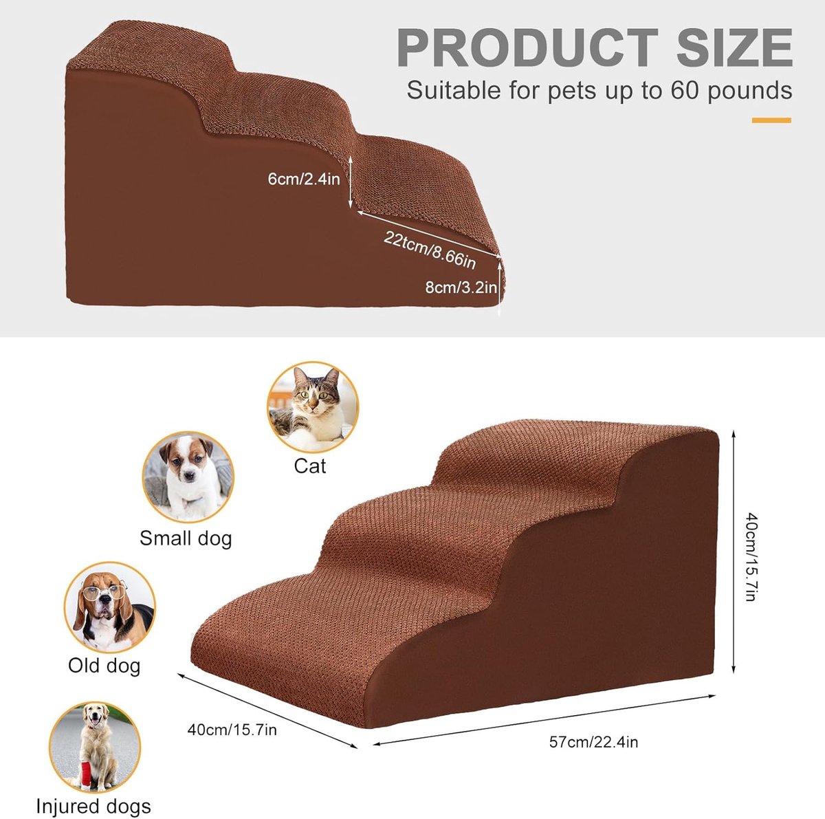 Candala Trap voor dieren, trappen voor honden, spons met afneembare en wasbare stoffen hoes, voor oude of kleine honden en katten met een gewicht van minder dan 22,7 kg