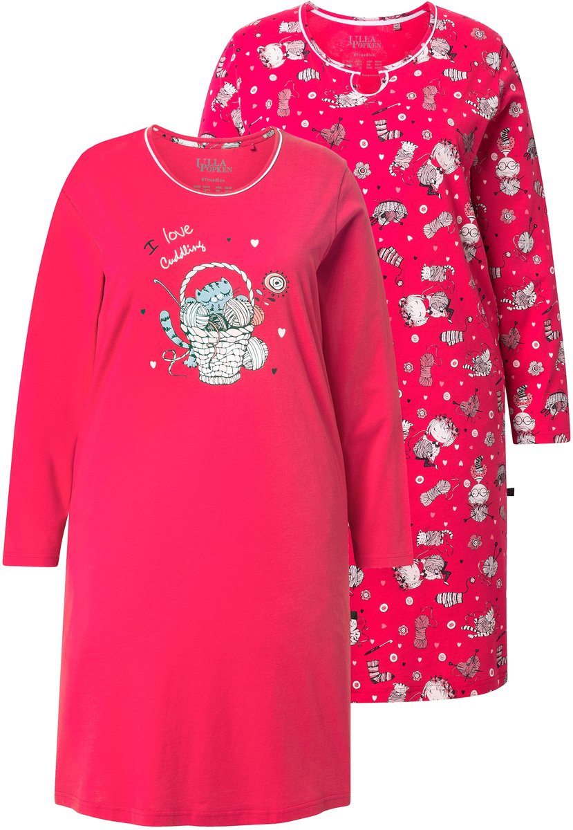 Ulla Popken Dames - Bigshirts set van 2 katten ronde hals lange mouwen - Magenta - Maat 46+