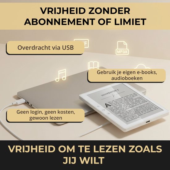 Veloura e-reader aangesloten via USB op een laptop. Overdracht via USB, gebruik eigen e-books, geen login nodig.