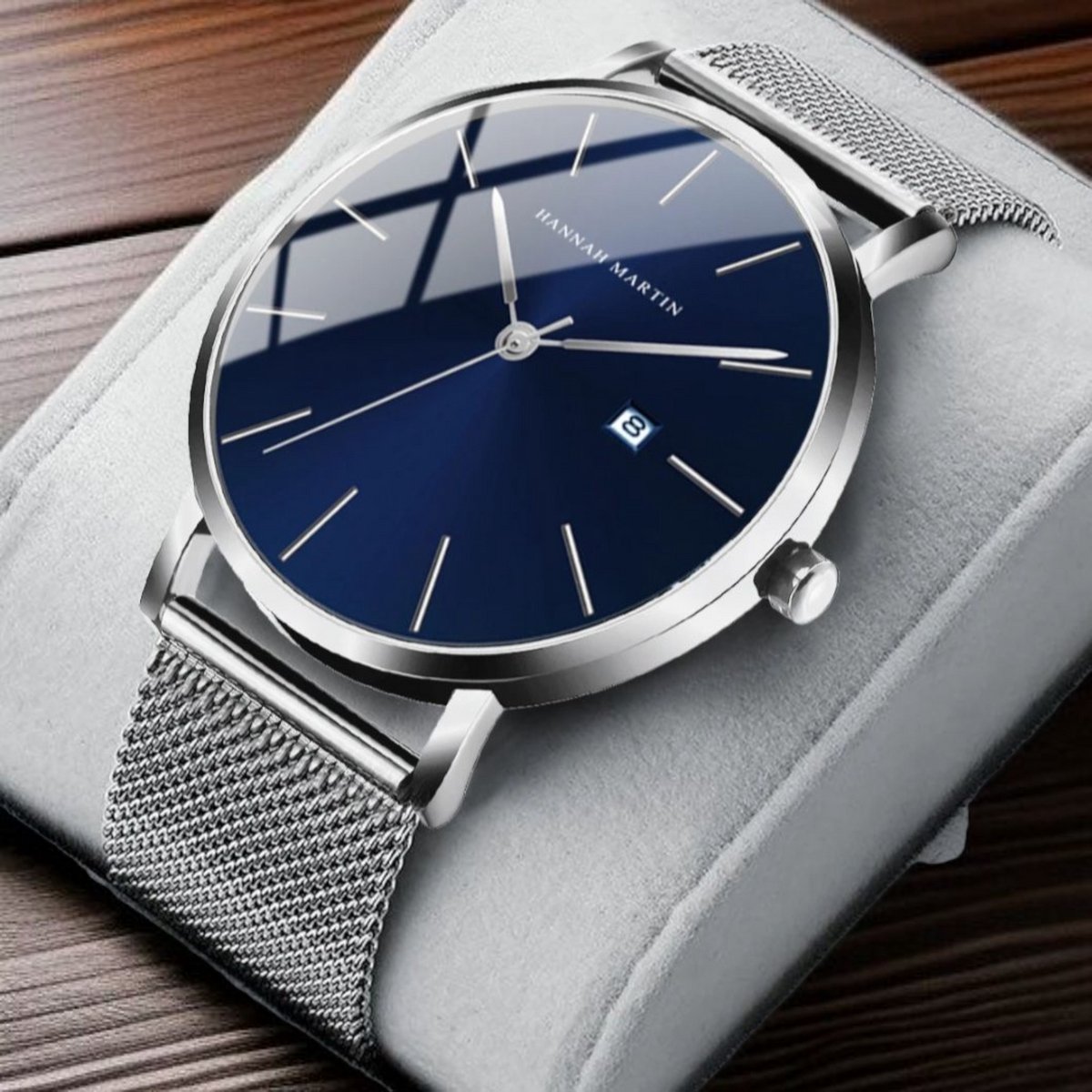 Hannah Martin HM-151 Herenhorloge - Blauw Wijzerplaat met Zilverkleurige Mesh Band Luxe Minimalistisch Japans Quartz Uurwerk - Roestvrijstalen Mesh Band - 6 Elegante Kleuren - Tijdloos Design