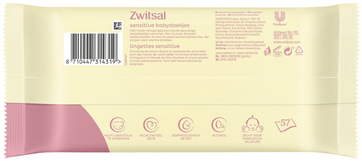 Bol.com Zwitsal - Sensitive Billendoekjes - 4 pakken - 57 doekjes per pak - 228 doekjes aanbieding