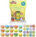 Gele Play-Doh verpakking met 15 potjes klei, feestmuts, cadeau en ballonnen. Bevat ook een vel met ronde feeststickers.