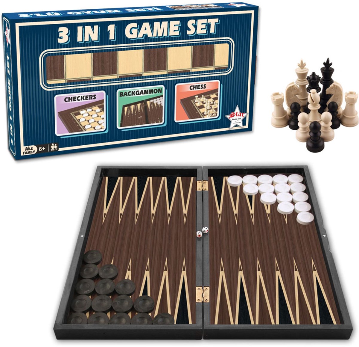 Star Dam Backgammon Schaakset 3 in 1 - Checkers Backgammon Chess - Dama Tavla Satranç 3ü 1 Arada