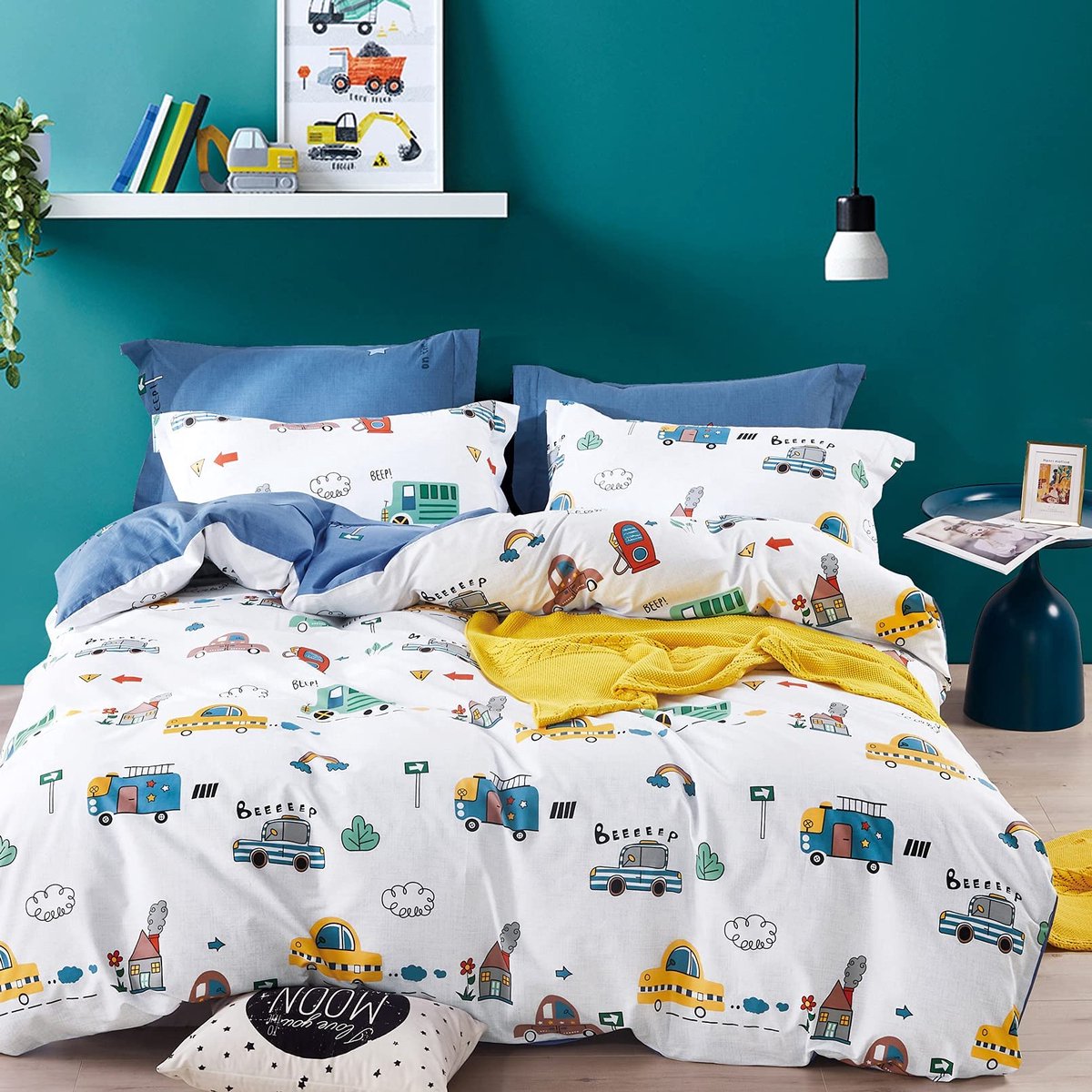 Unyqoos Kinderbeddengoed set met kleurrijk autopatroon van zacht katoen en ritssluiting Geel, Meerkleurig