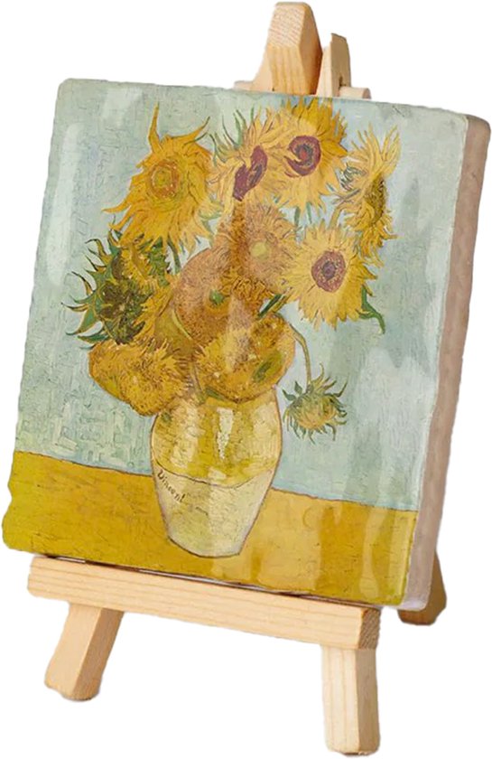 Kunsttegeltje.nl - Mini Schilderij tegeltje Van Gogh - De Zonnebloemen - Kunst Schilderijtje met houten ezeltje - 10x14 cm