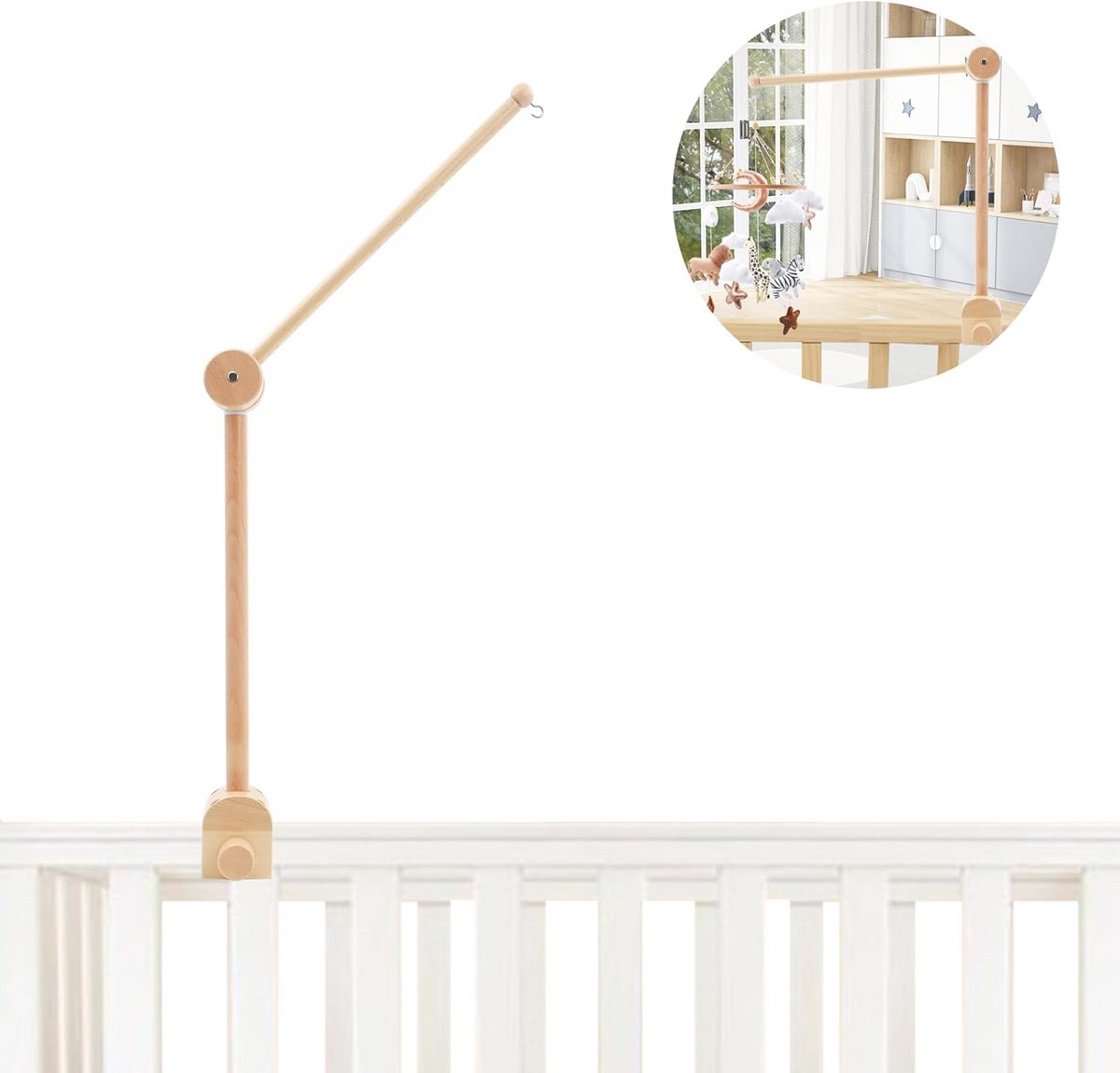 Verstelbare Houten Mobiele Arm voor Babybedje - DIY Wiegarm met 360° Rotatie