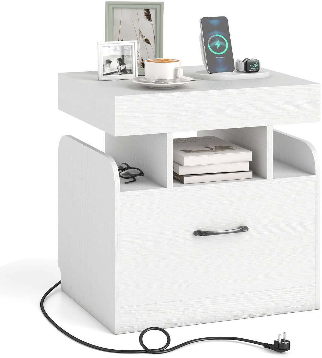 Costway Nachtkastje met 2 stopcontacten, 1 USB, 1 Type-C, geheim vak, bijzettafel met lade, nachtkastje met open vakken, salontafel voor woonkamer, slaapkamer, 50 x 40 x 55 cm (Wit)
