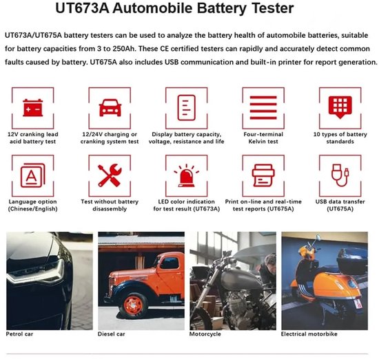UNI-T UT673A - Accutester voor 12V/24V voertuigen - CCA 40–2000 - AGM/EFB/GEL - Start- & Laadsysteem Diagnose - Batterijconditie, Interne Weerstand - Werkplaatskwaliteit van Merkloos — afbeelding 4