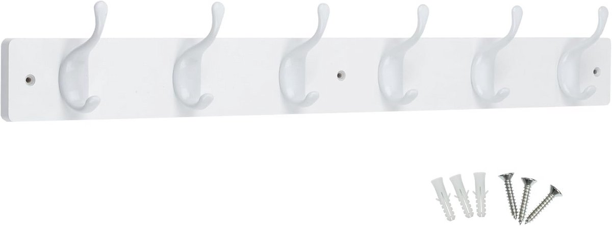 Moderne wandgemonteerde kapstok met matzwarte haken op houten basis - 6 haken