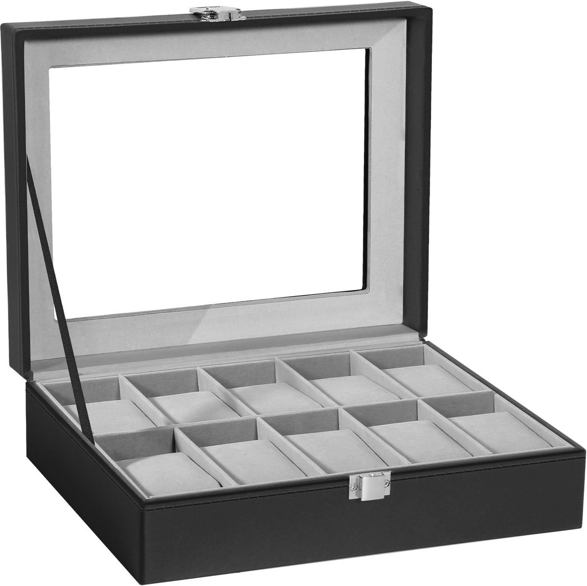 Watch box met 10 compartimenten, horloge bewaardoos voor mannen met afneembare kussen en metalen sluiting