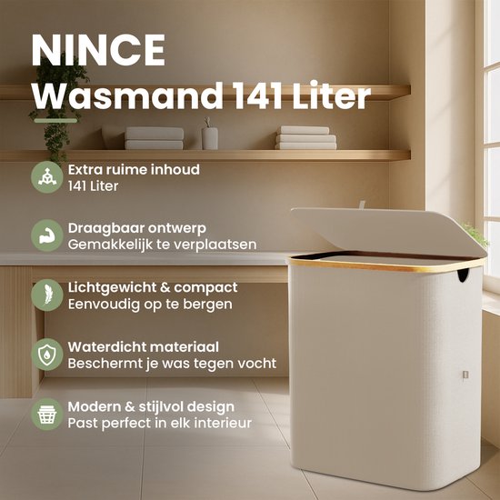 Beige Nince wasmand van 141 liter, duurzaam, waterdicht en met modern design