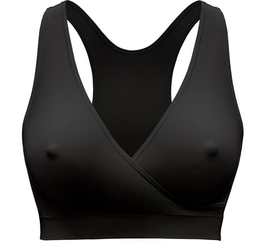Zwarte Medela slaap- en voedingsbeha met cross-over voorkant en racerback.