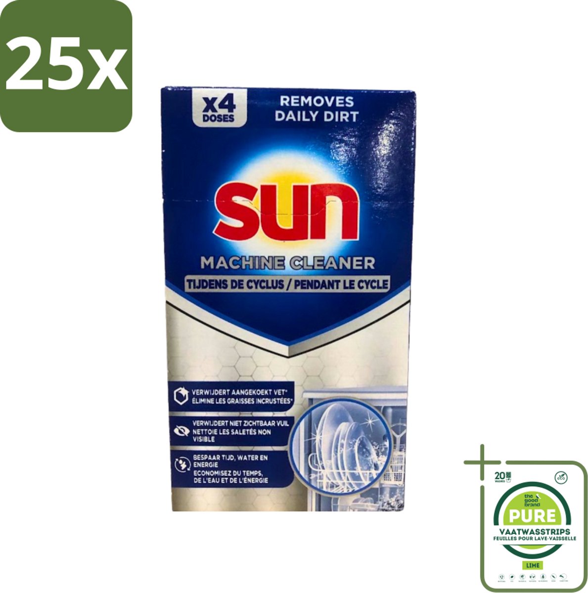 25 x Sun - Machine Cleaner - In-Wash - Vaatwasmachinereiniger - 4 Wasbeurten - Grootverpakking - Vaatwasserreiniger - Vaatwasseronderhoud - Vaatwasser Ontkalken - Vaatwasser Ontvetten - Vaatwasser Schoonmaken