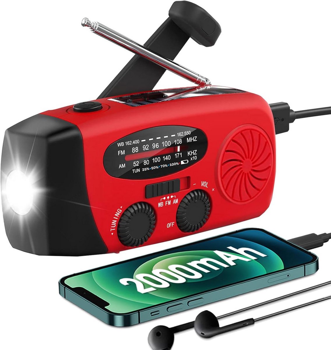 Radio Op Batterijen (Accu) Voor Rampen - Radio Opwindbaar - Noodradio - Noodradio Solar Opwindbaar - 3 intensiteit lichten