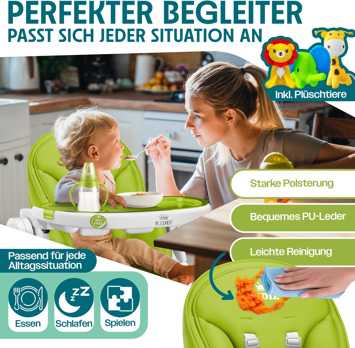 KIDIZ® 3in1 kinderstoel incl. speelbar, Eetstoel, Babystoel, combinatie kinderstoel, 7 in hoogte verstelbare rugleuning, meegroei van 0 maanden tot 6 jaar - Groen thumbnail 2