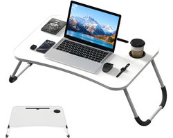Opvouwbare laptoptabel voor bed & bank 60 x 40 x 28 cm Notebooktafel Bedtafel met bekerhouder, tafelsleuf en bekersleuf Lichte notebooktafel van MDF voor bank, vloer (wit)