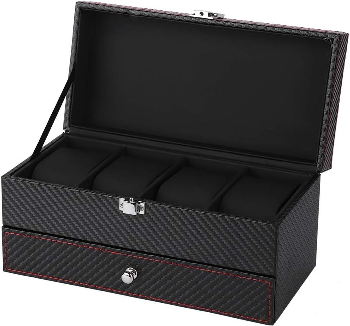 4 + 10 Watch Boxes - Travel Watch Storage Box - Carbon Fiber Jewelry Organizer - Jewelry Display - Metal Clasp voor Ringen - Armband - Ketting - Sieradenopslag