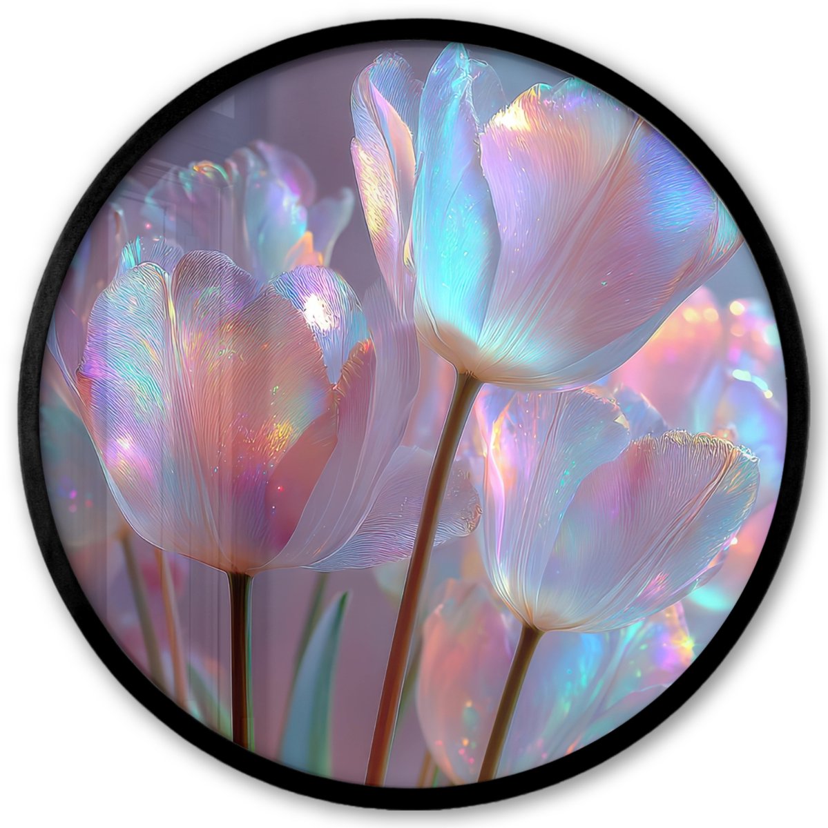 FrameYourWall Poster in lijst Rond - Fotolijst 40x40 cm - Posters - Tulpen - Glazen - Bloemblaadjes - Pasteltinten - Ronde posterlijst zwart - Decoratie - Wanddecoratie woonkamer - Muurdecoratie slaapkamer