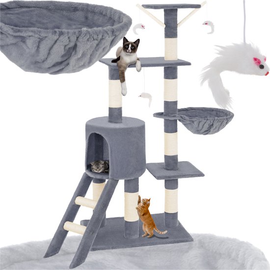 tectake® Krabpaal voor Katten - Middelgrote Krabpaal met Sisalpalen, Grot en Trap - Kattenhuis 144 cm Hoog - Klimboom en Speelboom voor Katten - Met Speeltje - Grijs