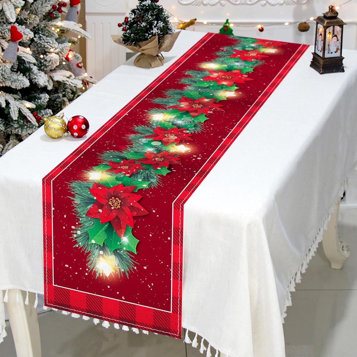 Kerst tafelkleed - Kerst tafelloper - kerstdecoratie voor binnen - kersttafelloper - tafelkleed - kerstdecoratie woonkamer - kerstdecoratie tafel - kerst decoratie - Rood - Kerst tafelkleden - 33*183cm – foto 4