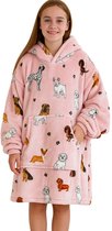 Honden hoodie blanket - fleece kinder poncho - honden plaid met mouwen en capuchon voor kinderen - oversized hoodie kind - honden deken met mouwen – fleece - TV deken – zacht & warm - honden - 134 t/m 164 (ca. 8-14 jaar) - Badrock