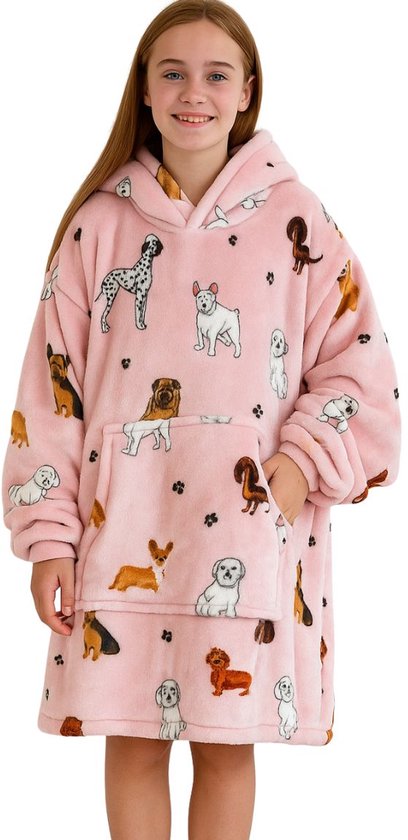Honden hoodie blanket - fleece kinder poncho - honden plaid met mouwen en capuchon voor kinderen - oversized hoodie kind - honden deken met mouwen – fleece - TV deken – zacht & warm - honden - 134 t/m 164 (ca. 8-14 jaar) - Badrock