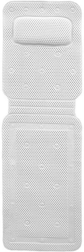 Witte badmat met hoofdsteun, 127cm lang, zonder zuignappen zichtbaar.
