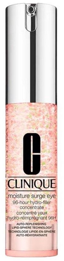 Clinique Moisture Surge oogcrème in een roze, doorzichtige verpakking met de tekst 'Clinique moisture surge eye 96-hour hydro-filler concentrate'.