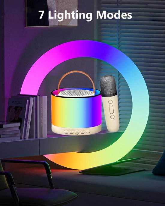Deze mini-karaokemachine is uitgerust met een draadloze microfoon, draagbare 5.3-kanaals luidsprekers, 3 watt uitgangsvermogen, 52 mm driver-units en led-verlichting. Het is een ideaal draagbaar zangsysteem — afbeelding 4