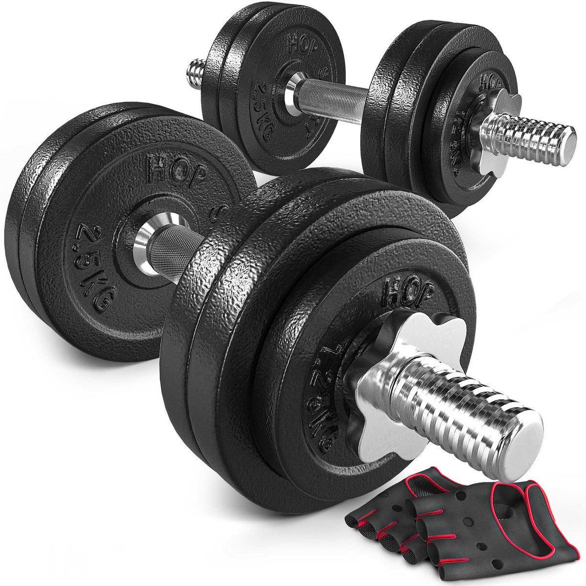 Hop-Sport Gietijzer – Halterset – 30 kg (2 x 15 kg) – Schroefsluiting – Inclusief neopreen handschoenen