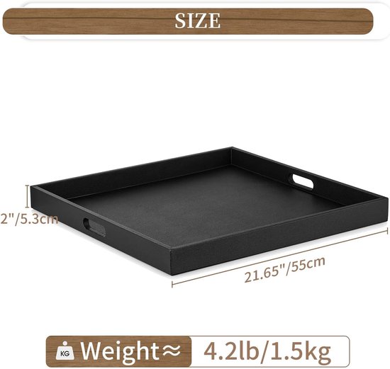 Zwart, lederen dienblad met afmetingen van 21.65"/55cm lengte en 2"/5.3cm hoogte, met een gewicht van 4.2lb/1.5kg.
