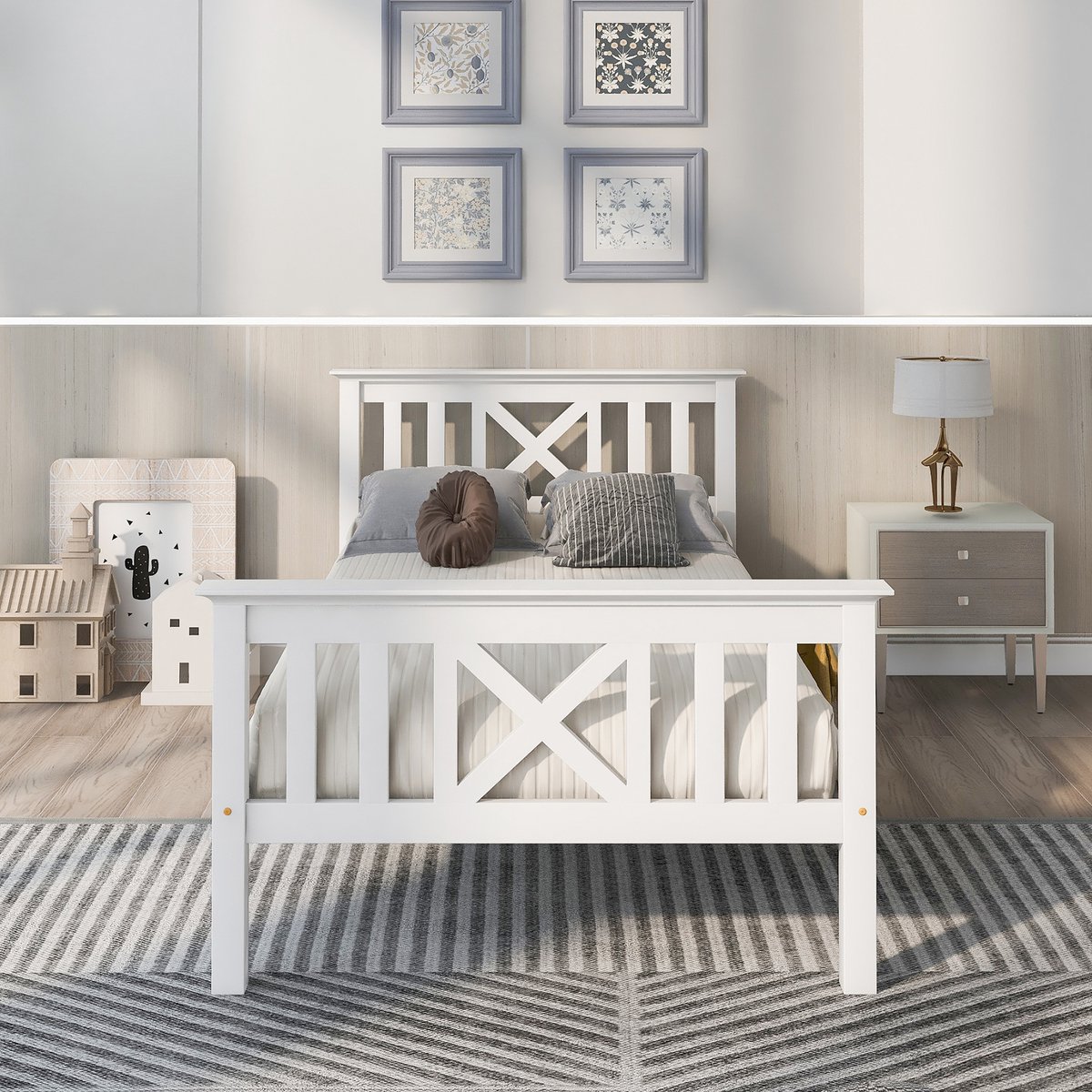 Merax Eenpersoonsbed 90 x 200 cm - met bedframe en lattenbodem - met hoofdeinde - kinderbed - tienerbed - massief hout - wit - zonder matras