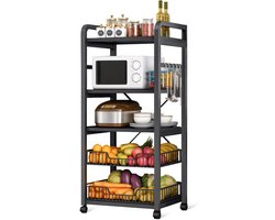 Velox Goods VL‑523 Keukenplanken – Stevig 4‑Laags Opbergrek met Magnetronplank – Metalen Staand Keukenrek – Voor Groenten, Fruit & Apparatuur – Zwart