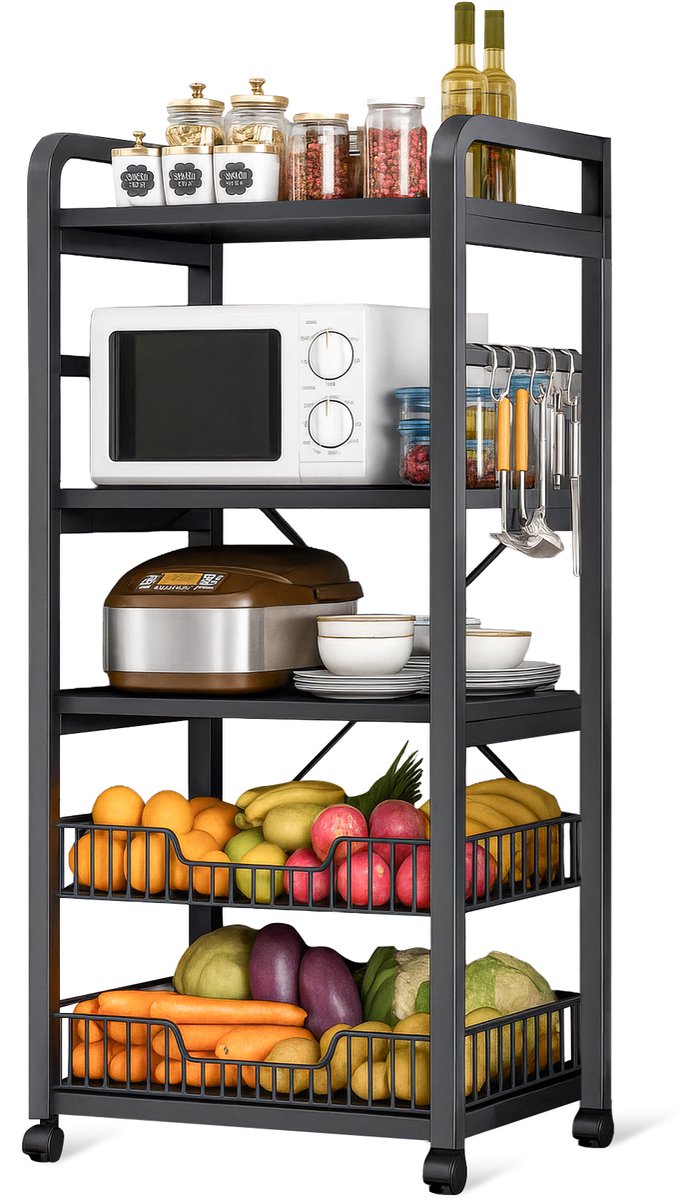 Velox Goods VL‑523 Keukenplanken – Stevig 4‑Laags Opbergrek met Magnetronplank – Metalen Staand Keukenrek – Voor Groenten, Fruit & Apparatuur – Zwart