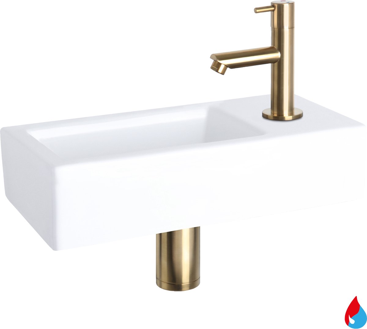 Differnz Helios fonteinset - keramiek wit - warm/koud kraan recht mat goud - kraan rechts - always open afvoerplug - 37.5 x 18.5 x 9 cm