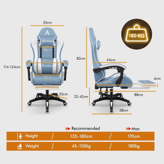 Gamingstoel Met Massage Functie en Ergonomisch Ontwerp, Verstelbare Draaistoel voor Gamers, Blauw — afbeelding 3