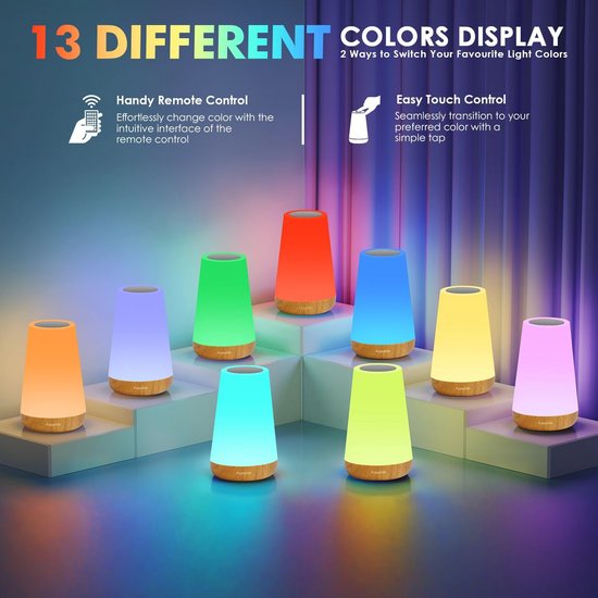 Bedlamp 2 Pack met 13 Kleuren en 5 Standen, Dimbaar Nachtlampje met Timer en Oplaadbare USB LED Tafellamp voor Slaapkamer — afbeelding 5