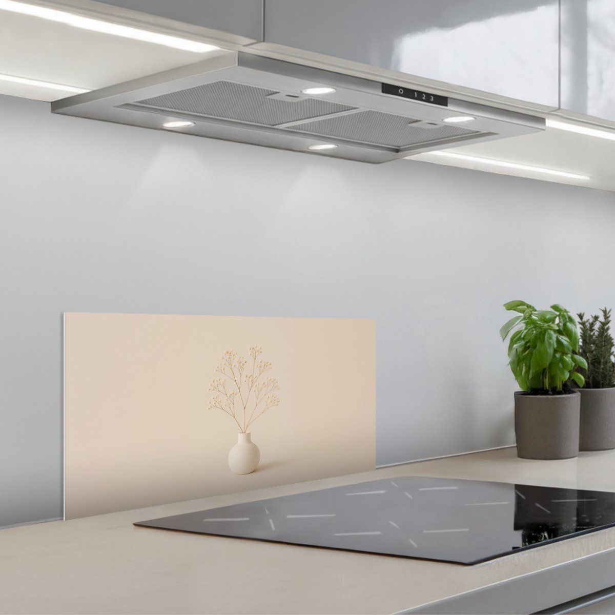 Spatscherm 60x30 cm - Zelfklevende achterwand Vaas - Takken - Bloemetjes - Wit - Keuken muurbeschermer - Spatwand fornuis