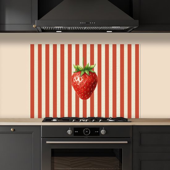 Spatscherm 100x65 cm - Zelfklevende achterwand Aardbei - Strepen - Rood - Keuken muurbeschermer - Spatwand fornuis