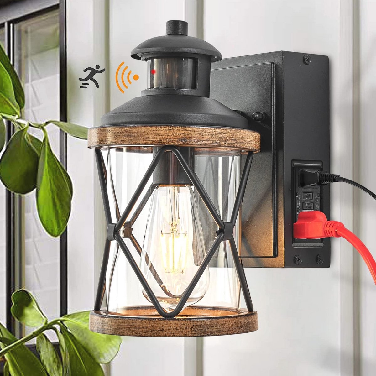 Bewegingssensor Buitenlamp met GFCI Stekker – 3 Verlichtingsmodi – Waterdichte Industriële Lantaarn voor Buiten