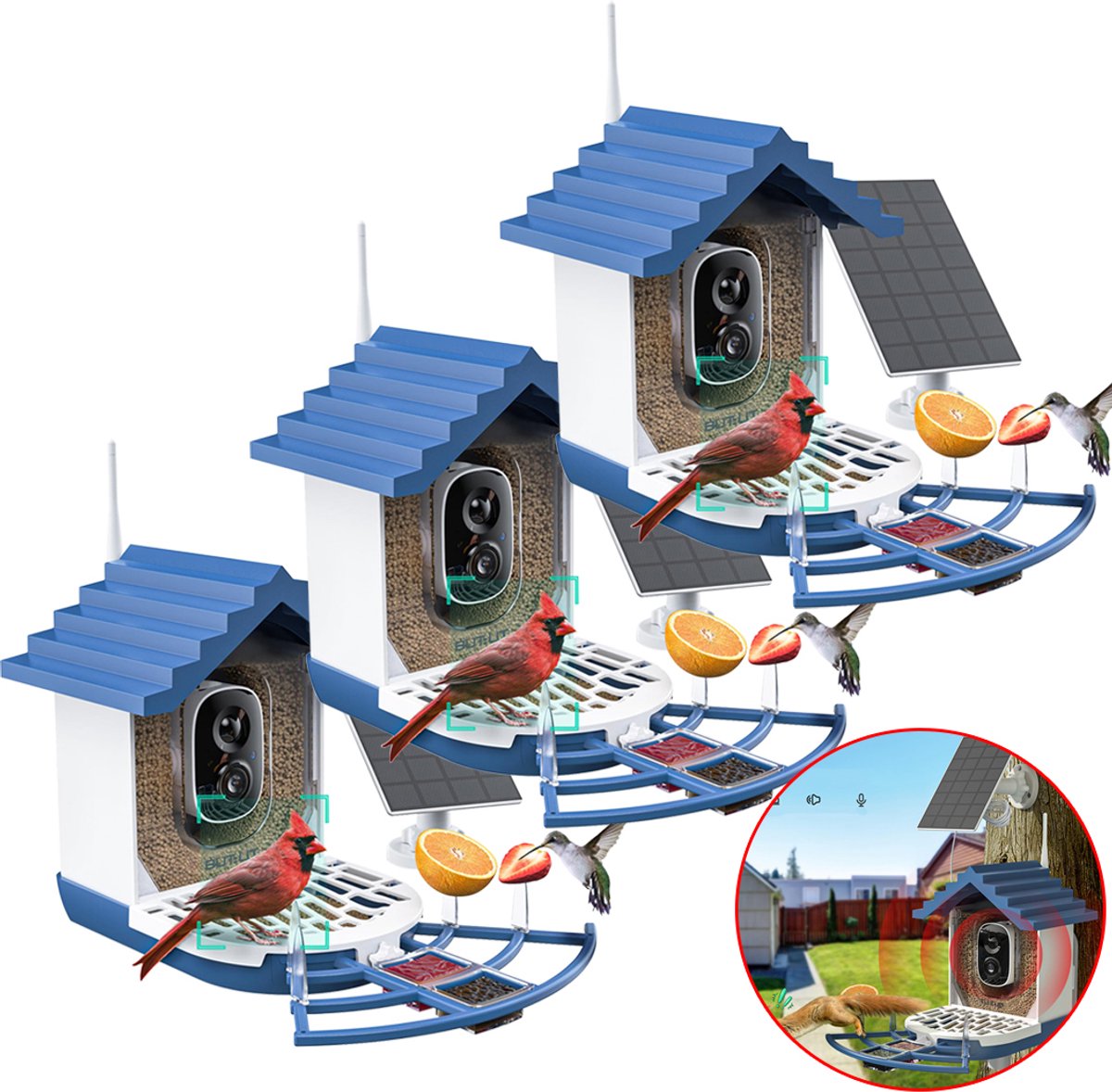 Vogelhuisje met Camera – Live Vogels Spotten via je Smartphone - Slim Vogelvoederhuisje met AI‑Herkenning – 2K FULL HD & Kleur‑Nachtzicht – Zonnepaneel & Draadloos – Cadeau voor Natuurliefhebbers - 3 stuks