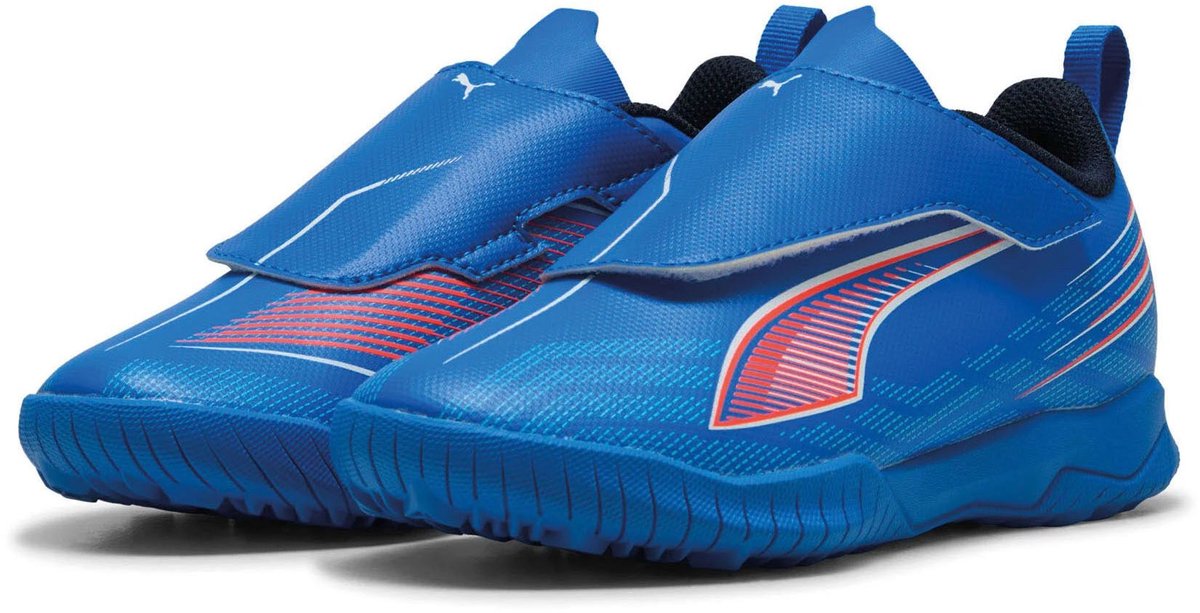 Puma Ultra 6 Play V TT voetbalschoenen voor junioren, synthetisch bovenwerk, klittenbandsluiting, blauwe kleur met grafisc...