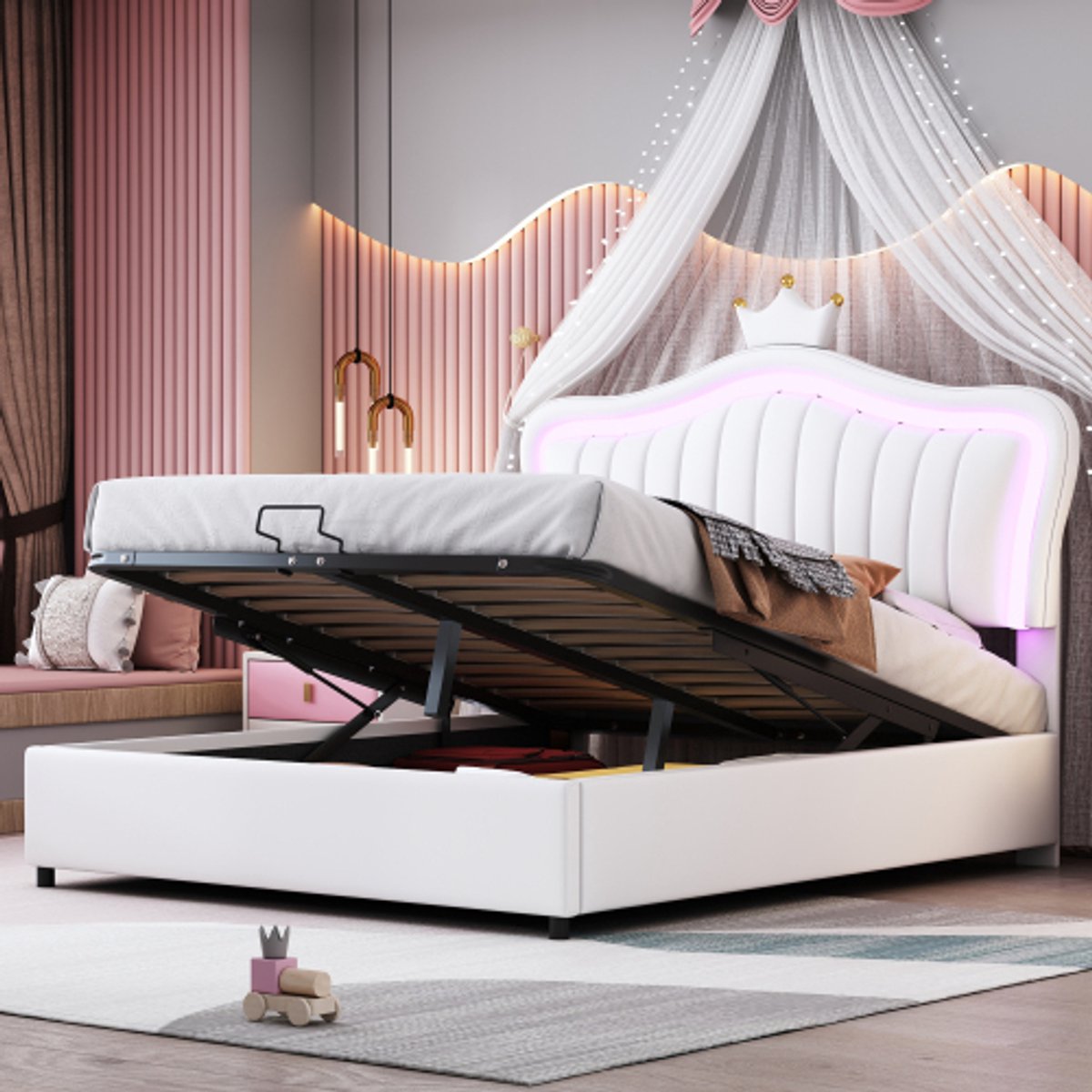 Gestoffeerd Bed 140x200 cm Opbergbed met LED, PU-Leder, Lattenbodem & Rugleuning, Wit