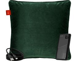 foto van Coozie Oplaadbaar Warmtekussen – Draadloos & Bedraad – 45–65°C – Velvet – 45 x 45 cm – Donkergroen – Elektrisch Kussen – Incl. Powerbank – Tot 8 uur warmte