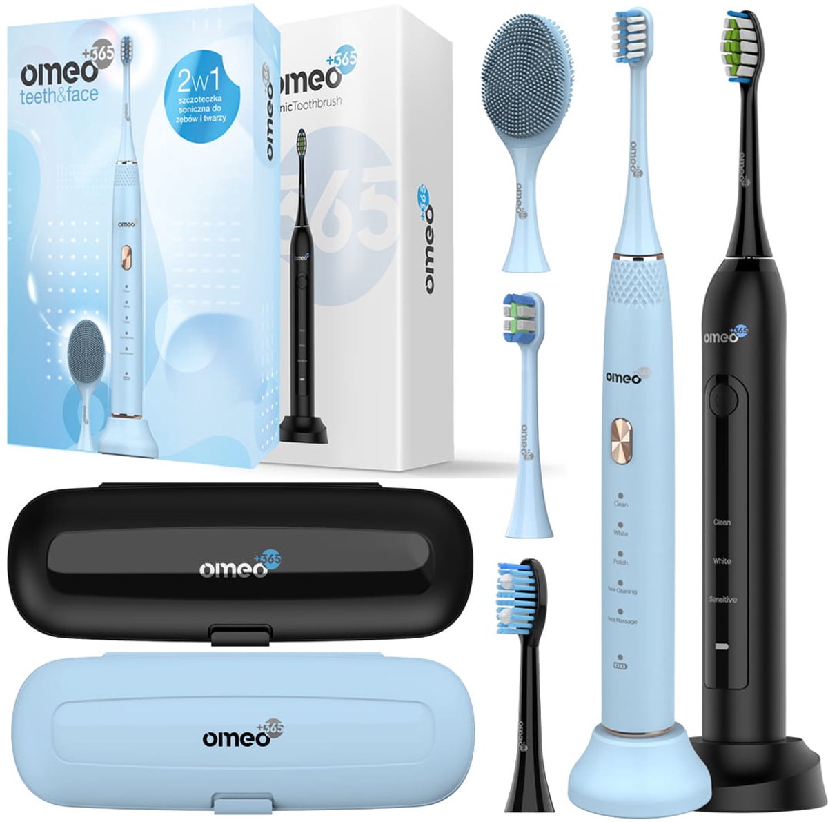 OMEO Classic Black + Teeth&Face Blue - Sonische Tandenborstels Set - 48.000 bewegingen - 5 poetsmodi - 60 dagen batterij
