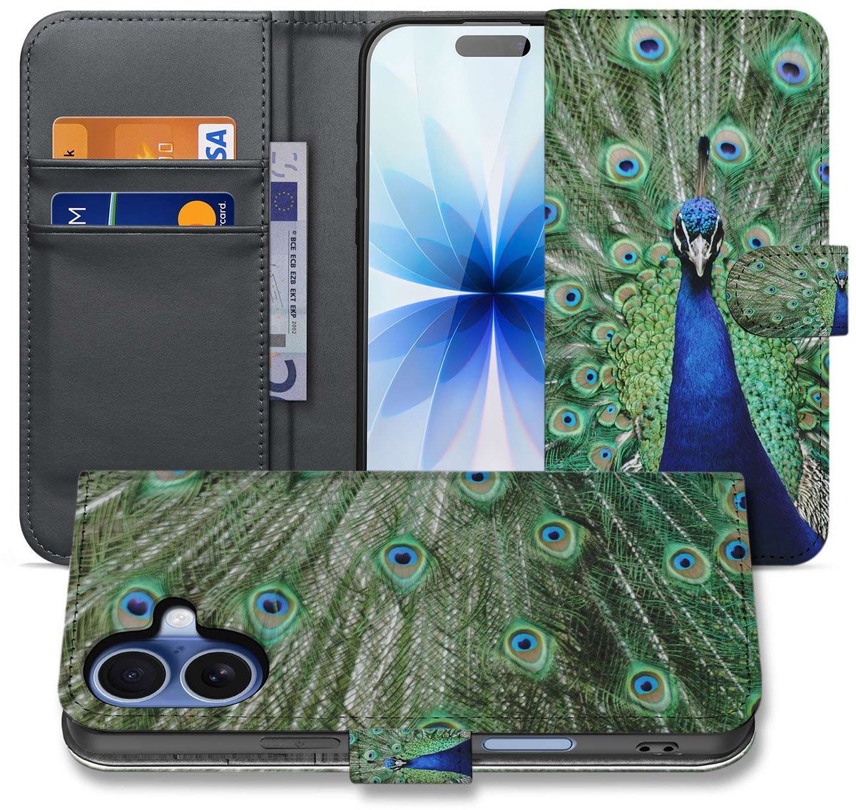 Apple iPhone 17 Bookcase Hoesje Met Pauwprint En Pasjes
