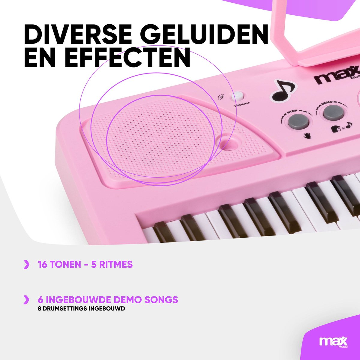 Keyboard piano kinderen - MAX KD61P - Keyboard met 61 toetsen - Keyboardstandaard en oplaadbare accu - Roze thumbnail 3